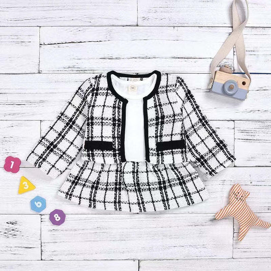 Baby Girl Contrast Design Long Sleeved Dress Combo Plaid Pattern Coat Chanel's Sets