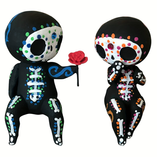 2pcs Sugar Head Doll, Resin Decoration Crafts Halloween Skull Couple Statue Resin Ornament,Valentine's Day, Room Decor, Home Decor,Halloween Room Decor Goth, Ghost Face, The Day Of Dead Decor