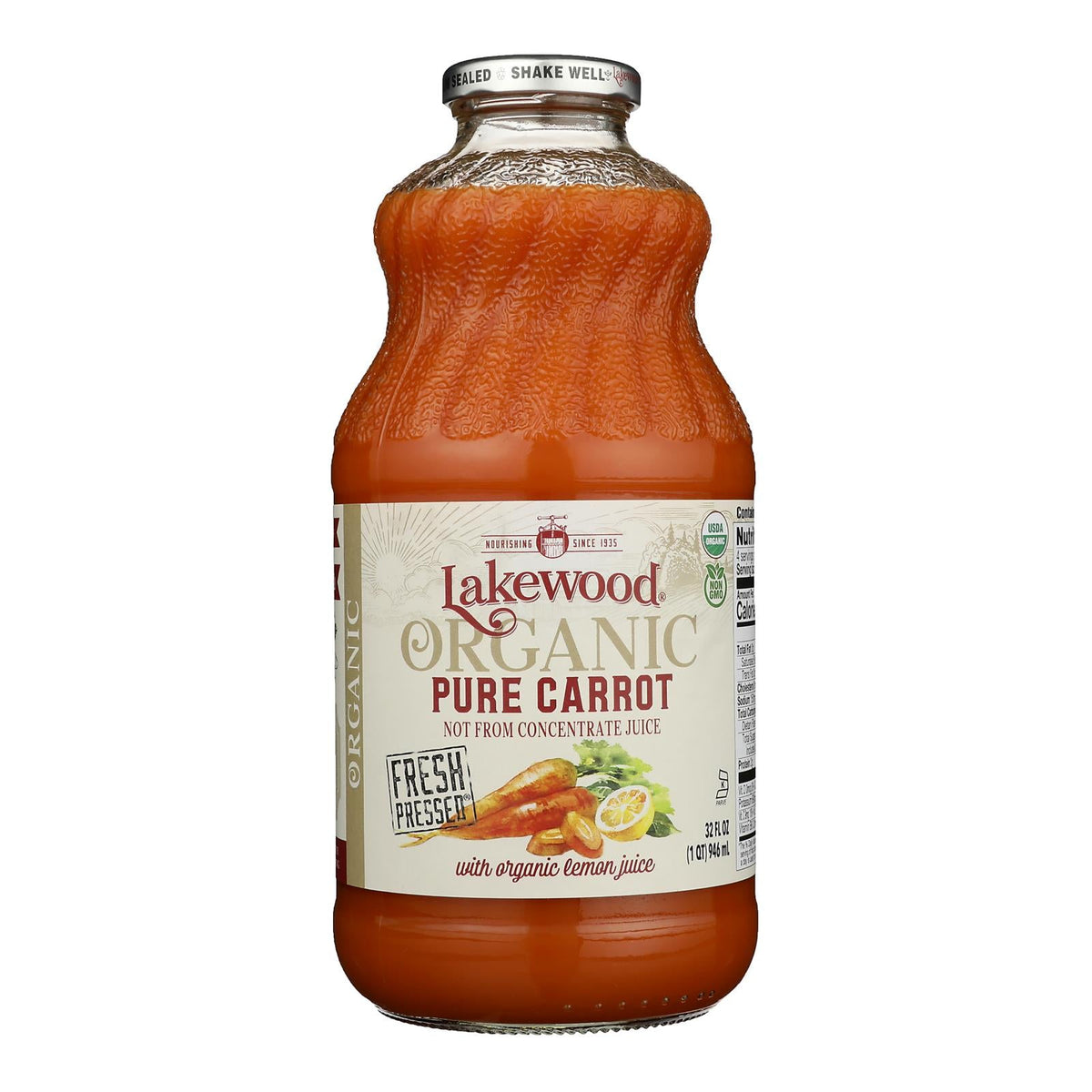 Lakewood Organic Pure Carrot Juice, 32 fl oz, Pack of 6