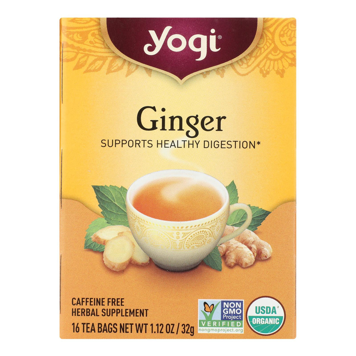 Yogi Organic Ginger Herbal Tea, Caffeine Free, 6x16 Bags