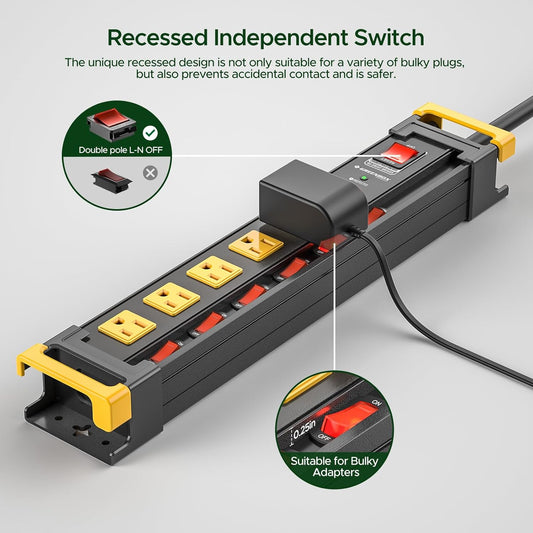 GREENBOX by CRST Mountable Metal Power Strip | 6–12 Outlets, Individual Switches, Dual-Pole Master Switch, 3300J Surge Protector, Cable Clips, 6ft Flat Plug, ETL Listed