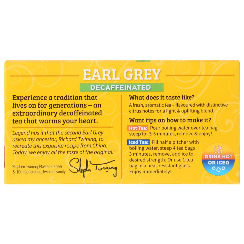 TWININGS OF LONDON: Classics Earl Grey Naturally Decaffeinated, 20 Tea Bags, 1.23 oz