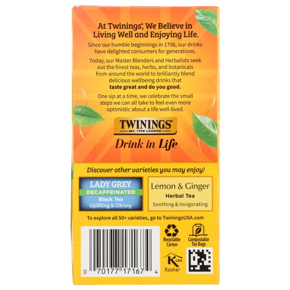 TWININGS OF LONDON: Classics Earl Grey Naturally Decaffeinated, 20 Tea Bags, 1.23 oz