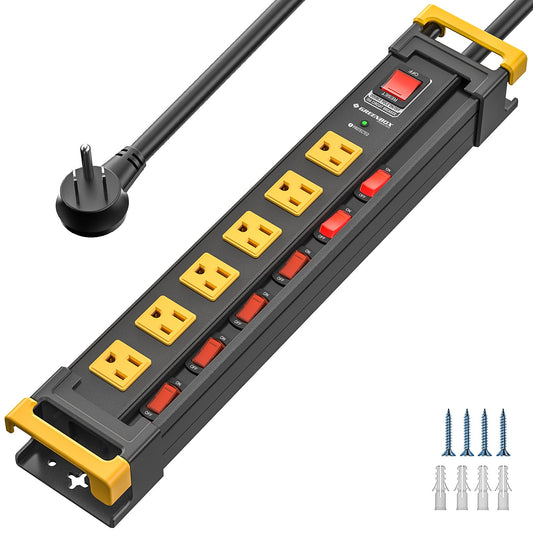 GREENBOX by CRST Mountable Metal Power Strip | 6–12 Outlets, Individual Switches, Dual-Pole Master Switch, 3300J Surge Protector, Cable Clips, 6ft Flat Plug, ETL Listed