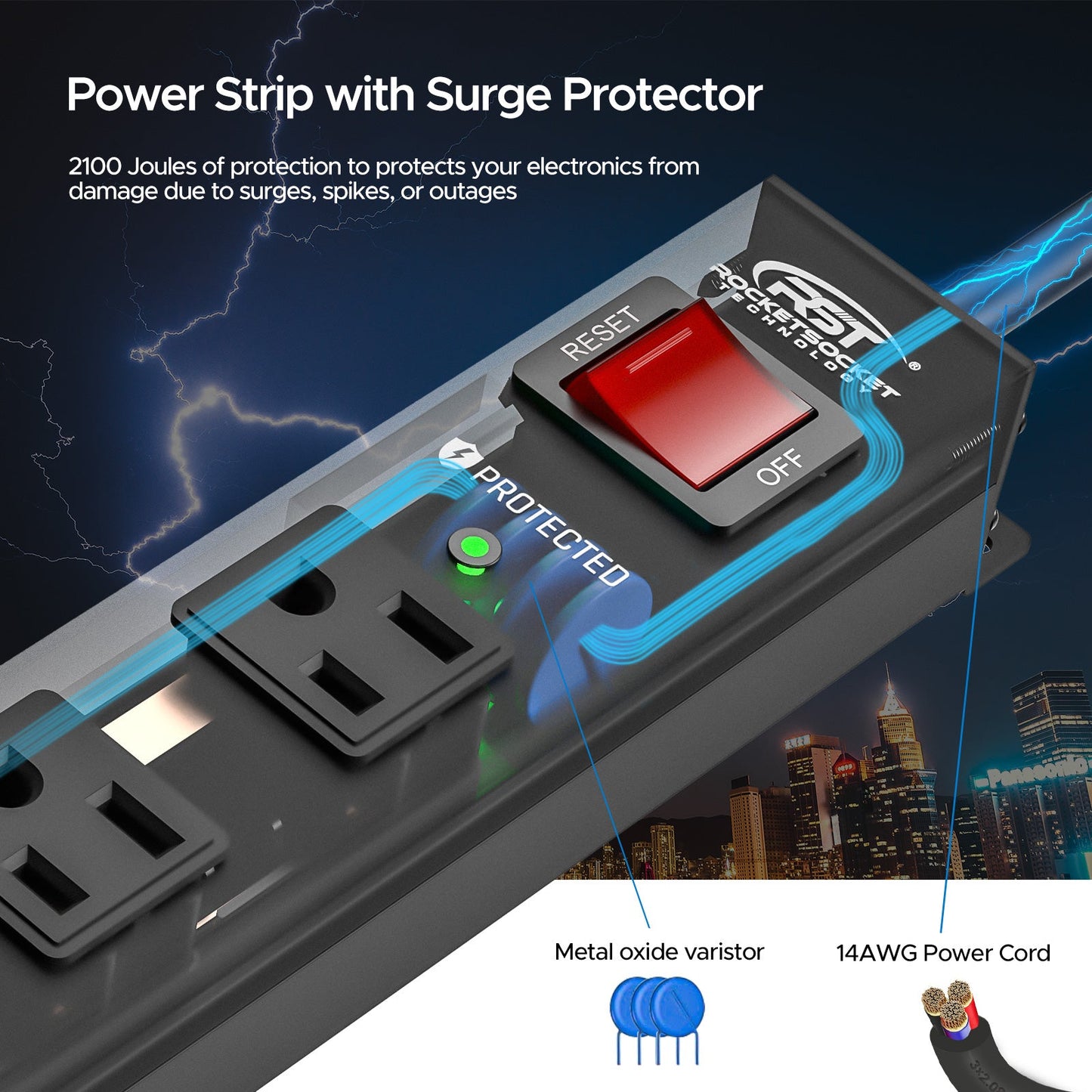 CRST 12-Outlet Metal Surge Protector Power Strip, 2100 Joules,  Heavy Duty 6FT/15FT Extension Cord, Wide Spaced Outlets for Large Adapters, Mountable Design for Workshop Garage
