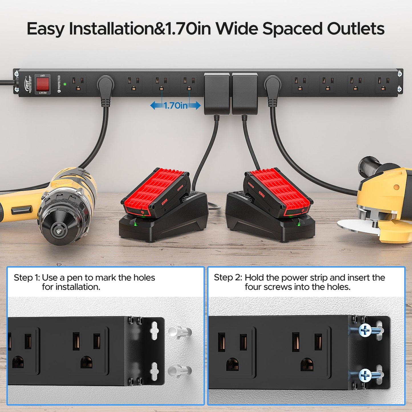 CRST 12-Outlet Metal Surge Protector Power Strip, 2100 Joules,  Heavy Duty 6FT/15FT Extension Cord, Wide Spaced Outlets for Large Adapters, Mountable Design for Workshop Garage