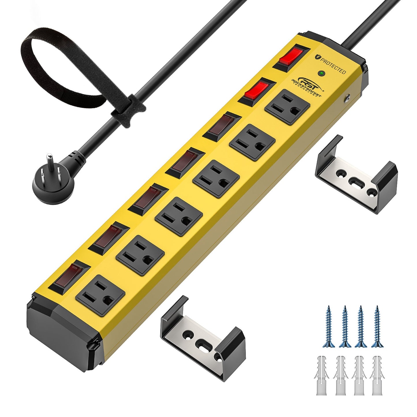 CRST 6-Outlet Metal Power Strip | 6 Individual Switches + Master Switch, Versatile Mounting System, 1200J Surge Protector, 45° Flat Plug, SGS Certified