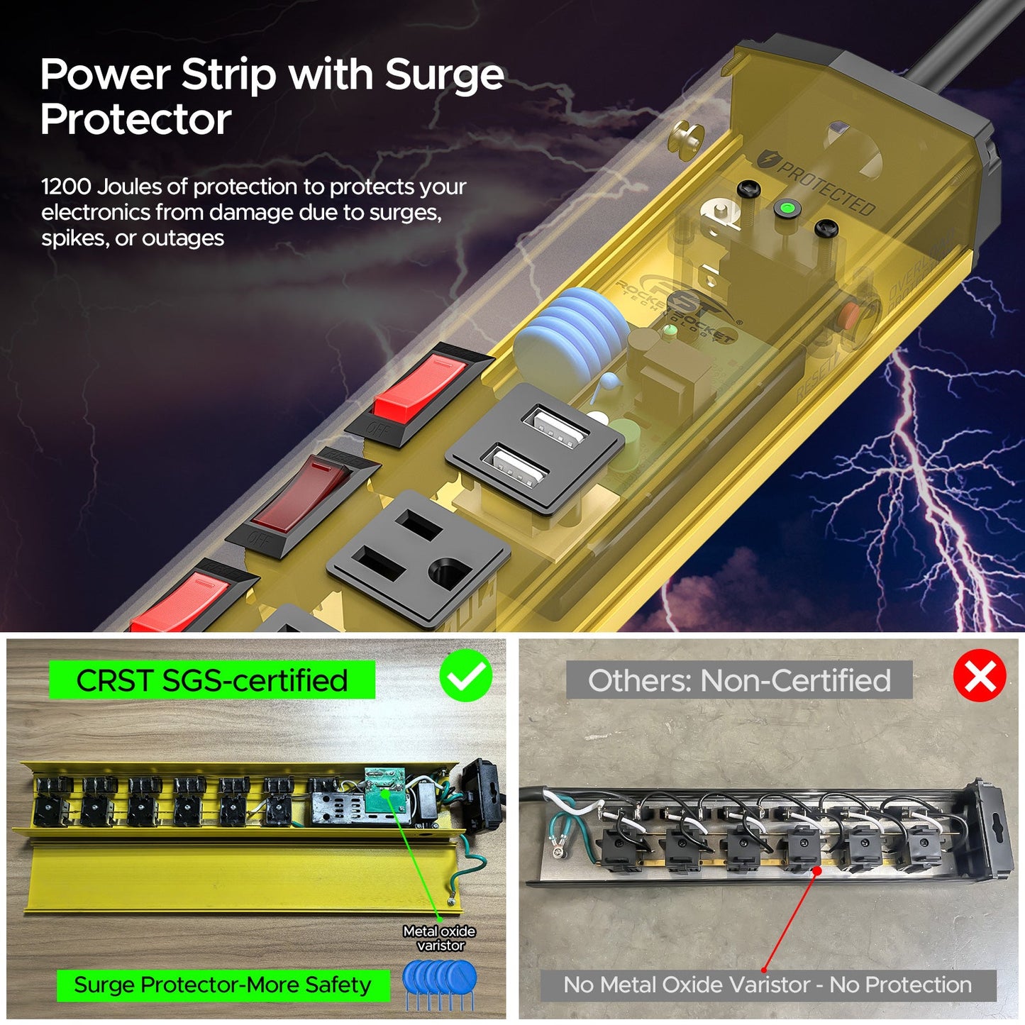 CRST 6-Outlet + 2 USB Metal Power Strip | Individual Switches on Every Port, Press-Reset Overload Protector, 1200J Surge Protector, Versatile Mounting, 45° Flat Plug, SGS Certified
