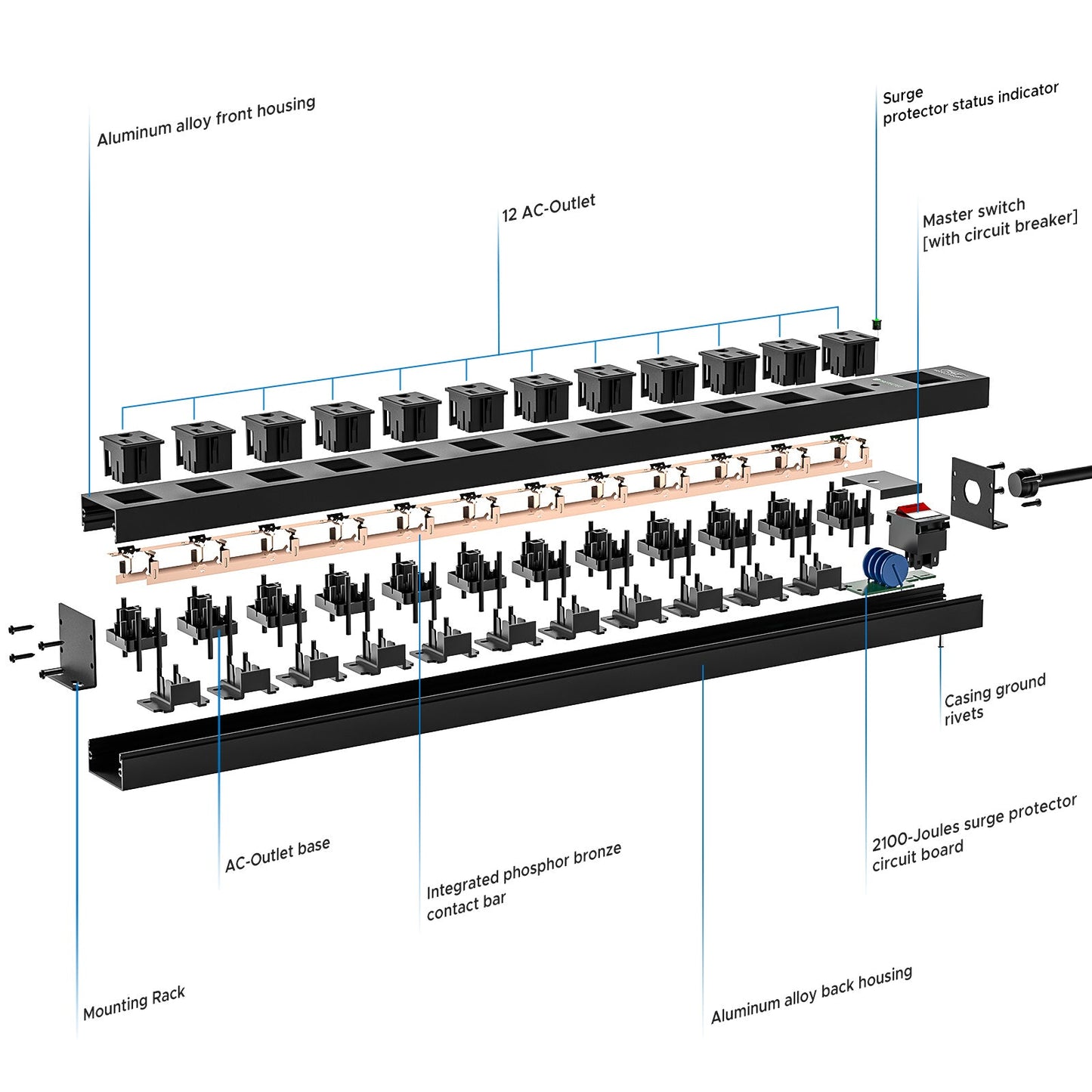 CRST 12-Outlet Metal Surge Protector Power Strip, 2100 Joules,  Heavy Duty 6FT/15FT Extension Cord, Wide Spaced Outlets for Large Adapters, Mountable Design for Workshop Garage