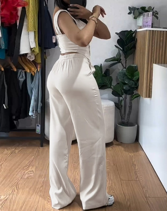 CHAXIAOA “Double Trouble Chic Set” – 2025 Spring/Summer 2-Piece Hollow Out Tank + Wide-Leg Power Pants Combo