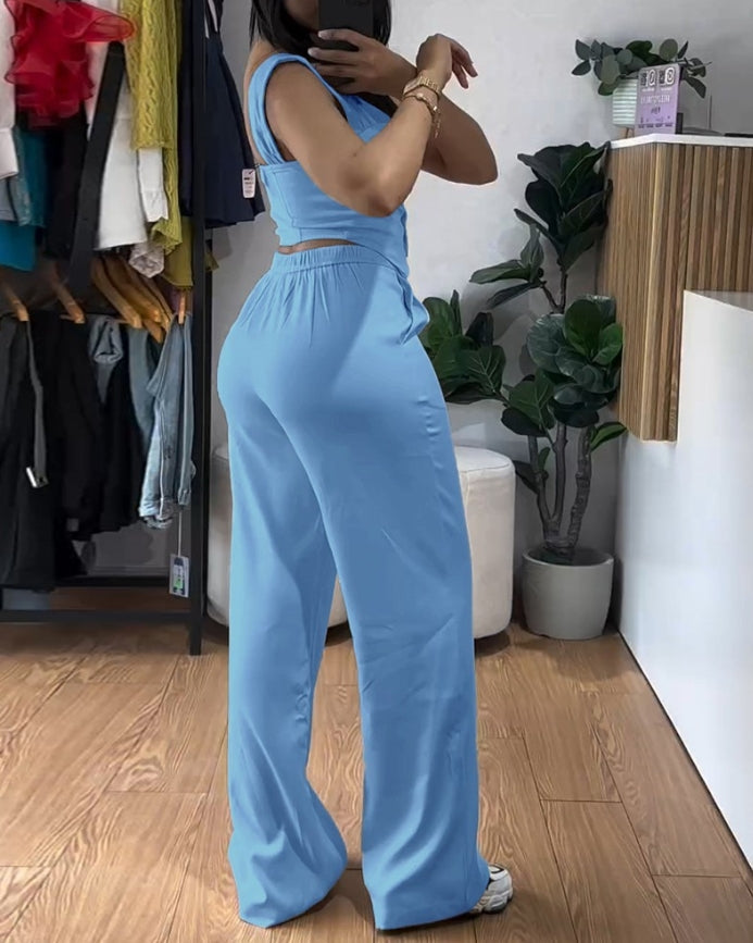 CHAXIAOA “Double Trouble Chic Set” – 2025 Spring/Summer 2-Piece Hollow Out Tank + Wide-Leg Power Pants Combo