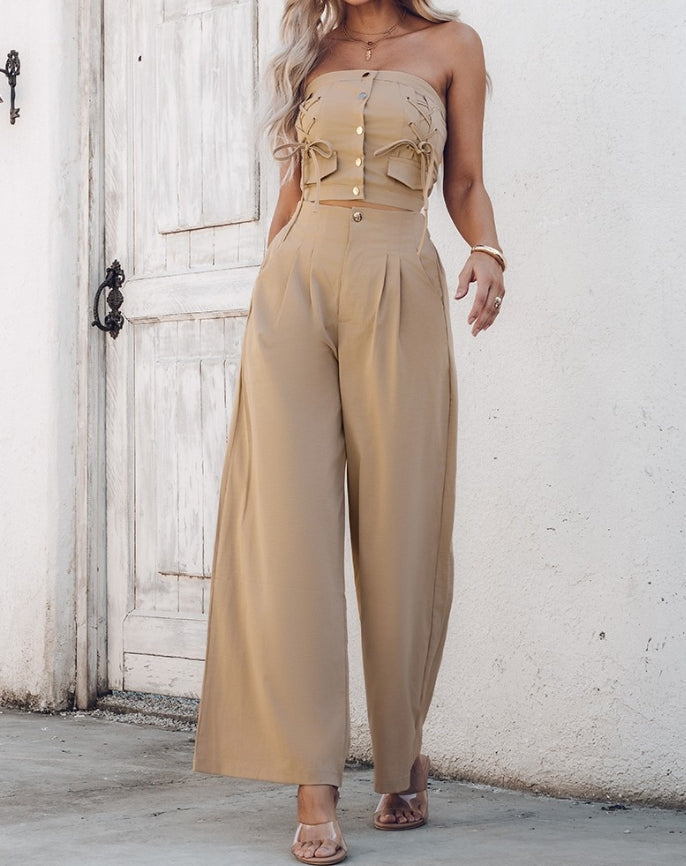 CHAXIAOA “Double Trouble Chic Set” – 2025 Spring/Summer 2-Piece Hollow Out Tank + Wide-Leg Power Pants Combo