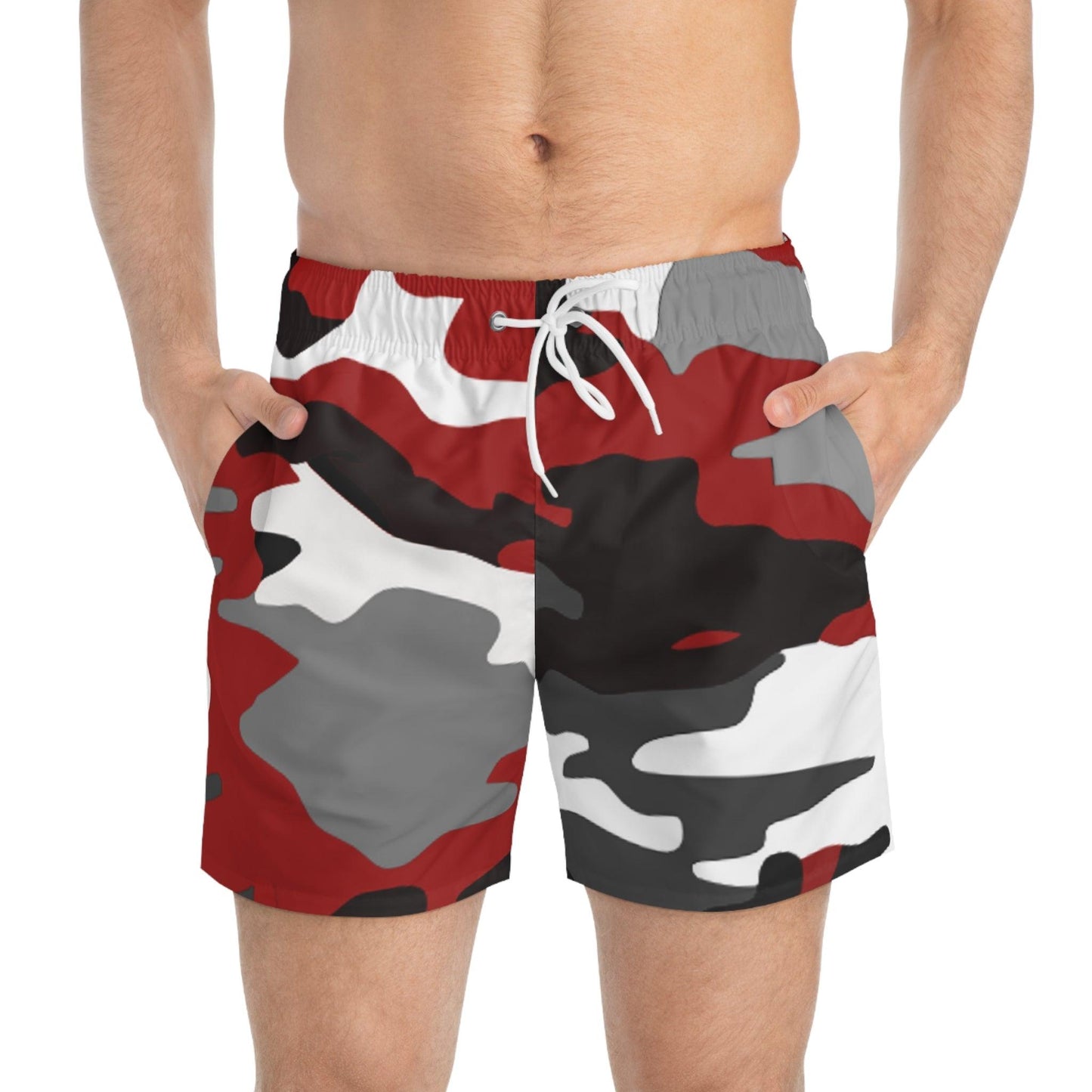 Red Black White Grey Camo Pattern Swim Trunks