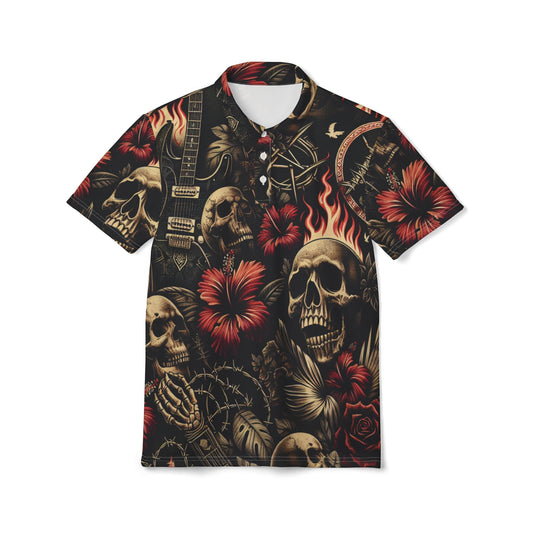 😈 Edgy Floral Skull Alternative Polo Shirt: The Bold Statement Poly-Power Top ⚡