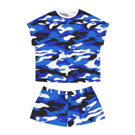 Blue Black Grey White Camouflage Women's Short Pajama Set