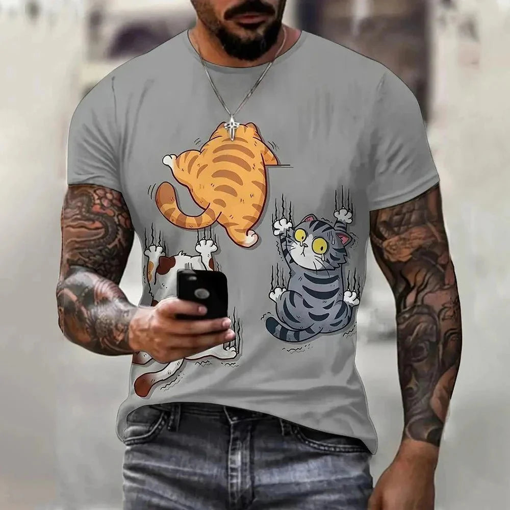 3D Cat Print Streetwear T-Shirt | Men's Casual Oversized Tee | Trendy Summer Vibes | Fashion-Forward Pullover