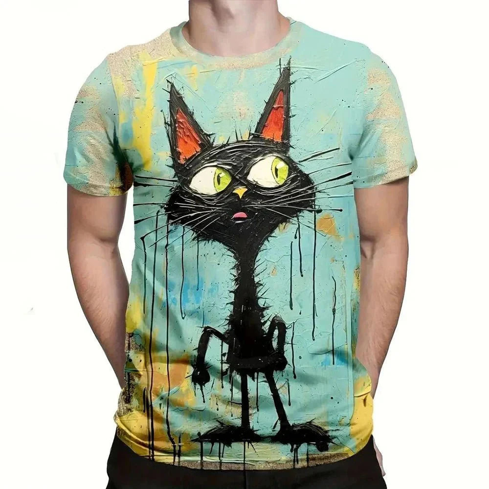 3D Cat Print Streetwear T-Shirt | Men's Casual Oversized Tee | Trendy Summer Vibes | Fashion-Forward Pullover
