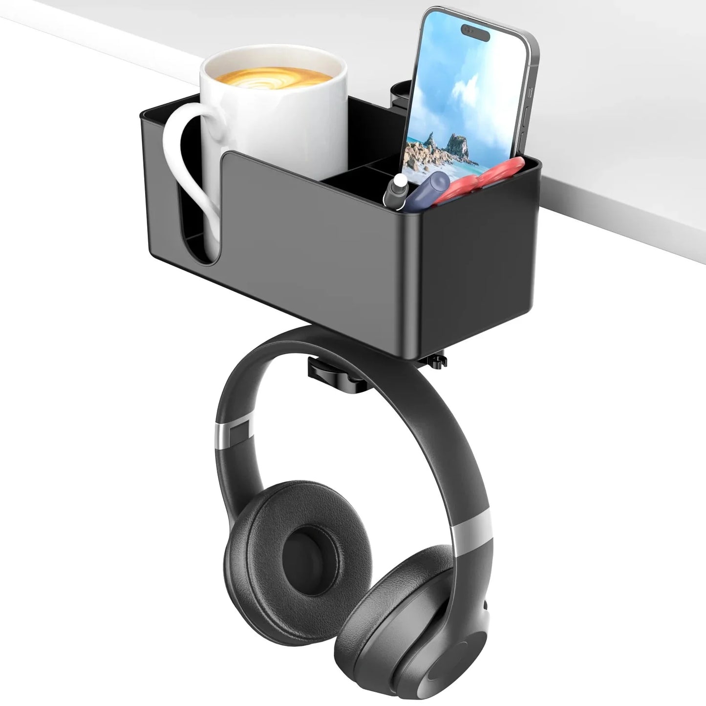 4-in-1 Desk Headphone Hanger Clamp, Rotating Storage with Cup Holder & Pen Holder – Under Desk Organizer for Gaming, Office, and Home Use