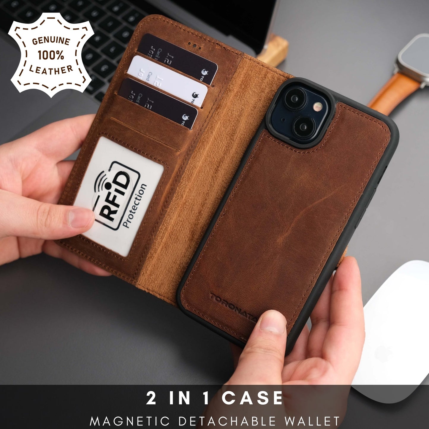 Casper Leather iPhone 15 Plus Wallet Case | Detachable MagSafe Compatible RFID Protection