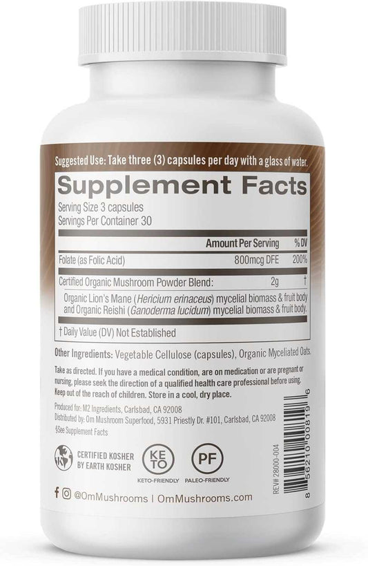 OM ORGANIC MUSHROOM NUTRITION: Brain Fuel Lions Mane Folate, 90 vc