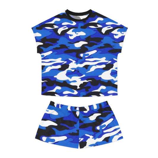 Blue Black Grey White Camouflage Women's Short Pajama Set