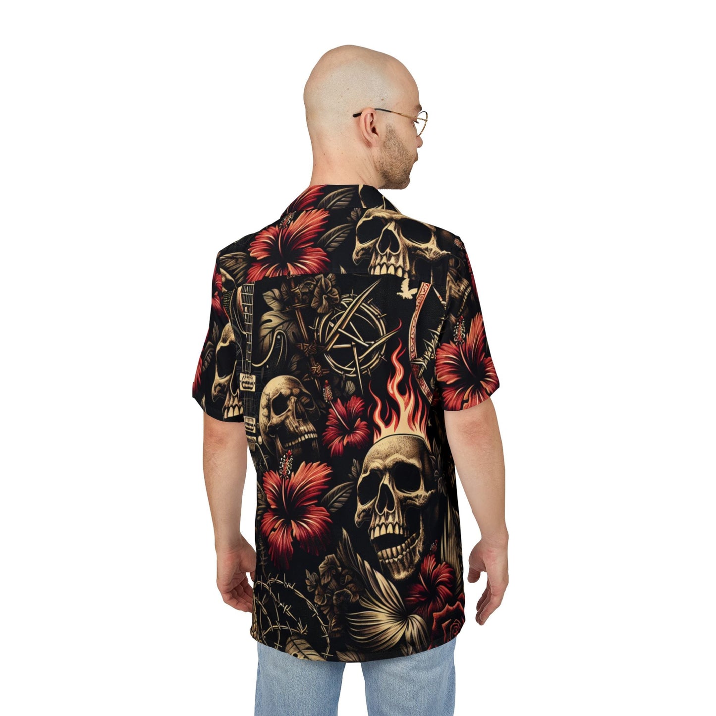 Skull & Floral Hawaiian Shirt - Summer Vibes, Unisex Button-Up for Beach, Concert, Vacation, Festival, Casual Wear