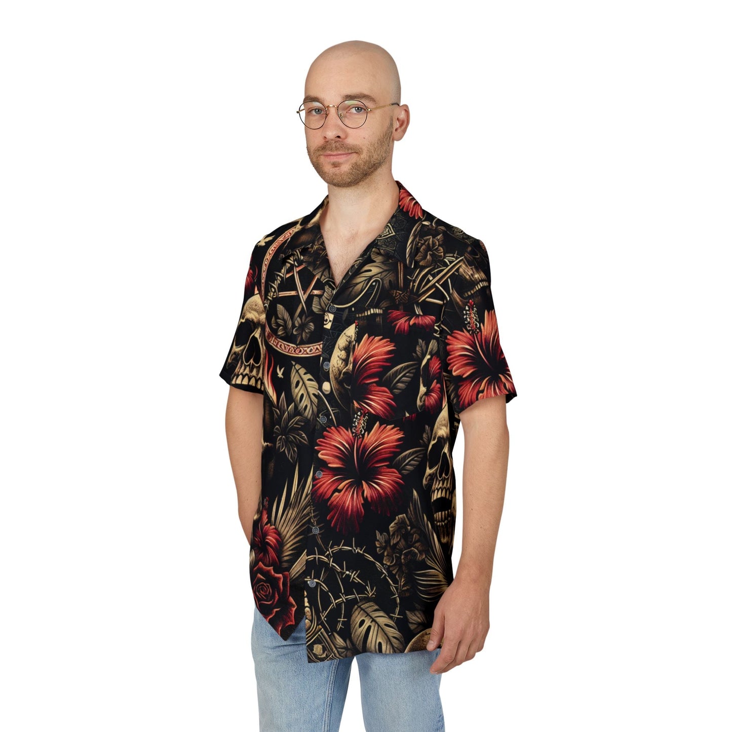 Skull & Floral Hawaiian Shirt - Summer Vibes, Unisex Button-Up for Beach, Concert, Vacation, Festival, Casual Wear