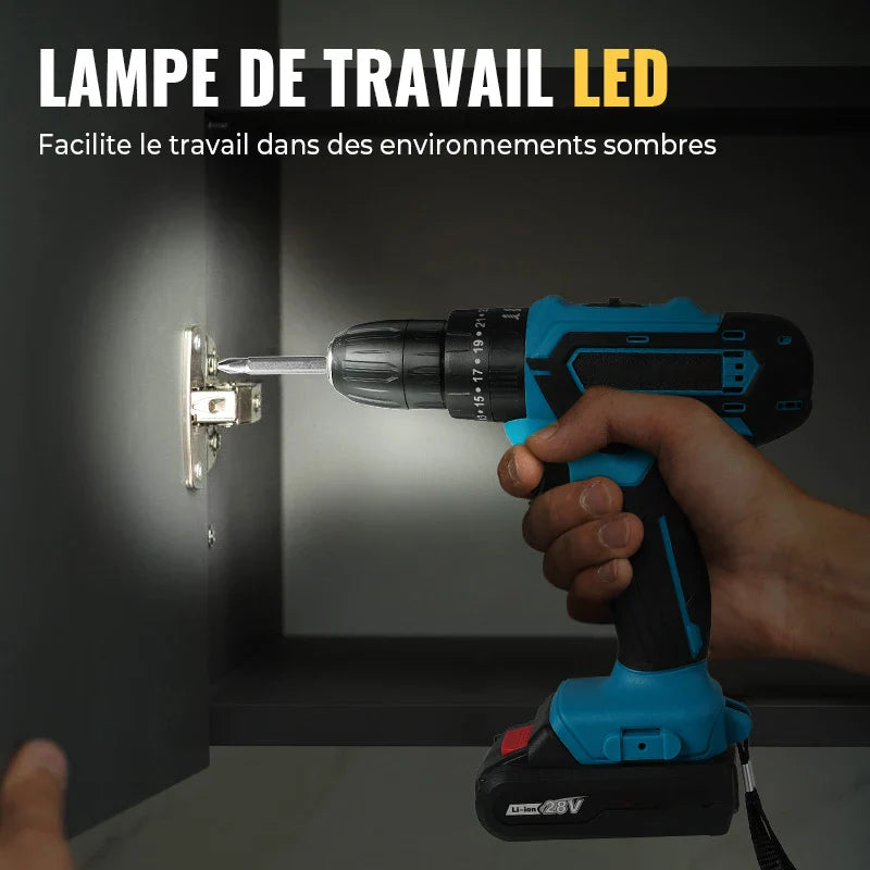 Deadbolt Drive 28V Cordless Drill Kit – Dual Battery Power Tool Set with 24 Bits, 1350RPM for DIY Rebels