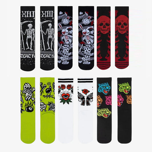 Gothic Skull Tiger Rose Heart Skeleton Doll Crew Socks Harajuku Retro Elastic Unisex Cotton Stocking Novelty Chic Long Socks