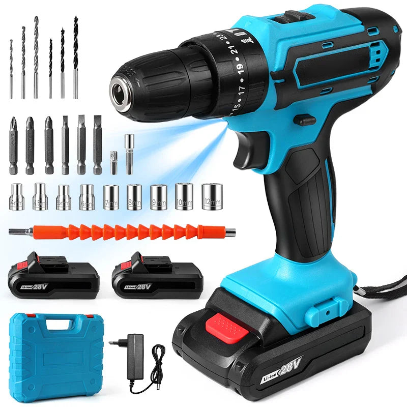 Deadbolt Drive 28V Cordless Drill Kit – Dual Battery Power Tool Set with 24 Bits, 1350RPM for DIY Rebels