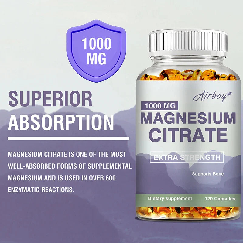 Magnesium Citrate 1000mg - 120 Capsules for Muscle, Nerve, Bone & Heart Support – Highly Absorbable, Premium Dietary Supplement