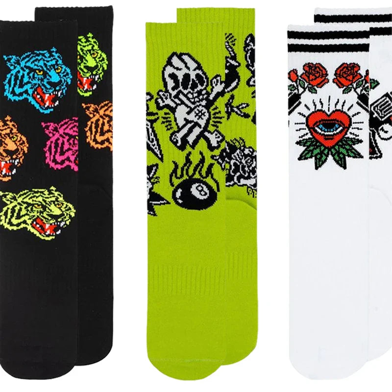 Gothic Skull Tiger Rose Heart Skeleton Doll Crew Socks Harajuku Retro Elastic Unisex Cotton Stocking Novelty Chic Long Socks