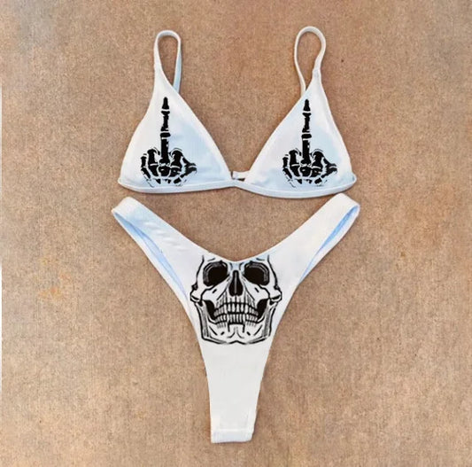 Black And White Goth Skull Bikini Two Piece High Waist Emo Swimsuit Women’s Split Bathing Suit