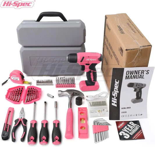 Hi-Spec 58-Piece Pink 8V USB Electric Drill Driver & Hand Tool Kit — Precision Power Set for Serious DIY & Professional Builders