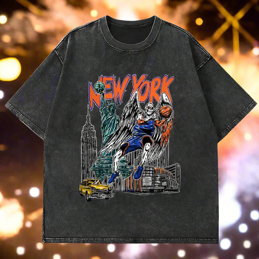 New York Skeleton Wings Vintage Basketball Tee — Gothic Streetwear for Men & Women, Washed Worn Look
