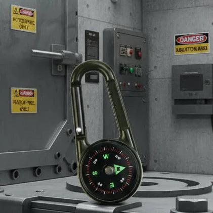 Tactical Survival Tri-Gauge Carabiner — Metal Compass + Thermometer Keychain