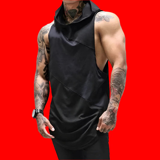 "THRASH & SWEAT" Muscle Hoodie Tank – Men’s Cotton Gym Stringer with Hood | Shred-Ready Sleeveless Vest for Hardcore Training & Street Heat