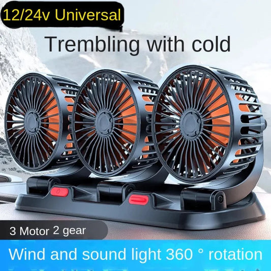 360° Triple-Head Car Fan – USB/12V/24V Adjustable Electric Air Cooler for Cars, Trucks, Desk, and Travel