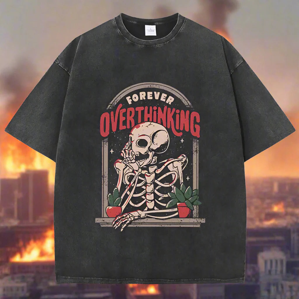 "Deadlines from the Balcony" Oversized Washed Skeleton Graphic Tee – Streetwear Soft Cotton Distressed Metalhead T-Shirt for Women