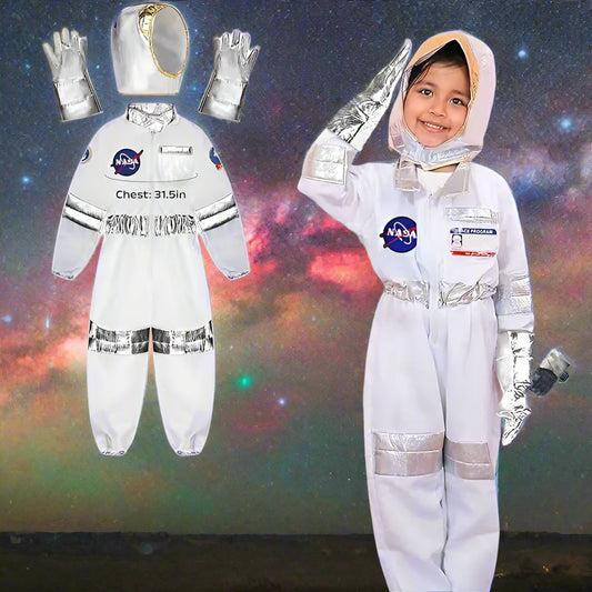 Kids Astronaut Cosplay Jumpsuit Space Party Costume With Gloves White Spaceman Outfit