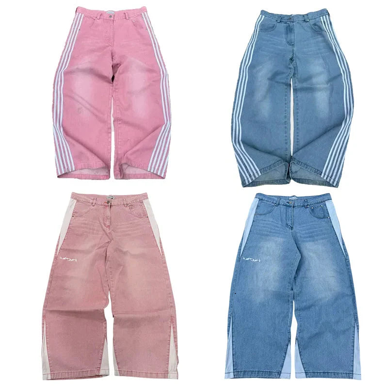 Chaos Stitch Y2K Spliced Wide-Leg Jeans – Street-Grade Embroidery for Rebels & Runaways