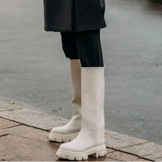 Women’s Cowhide Platform Riding Boots – Punk Leather Knee-Highs with Square Heels for Heavy Winter Impact