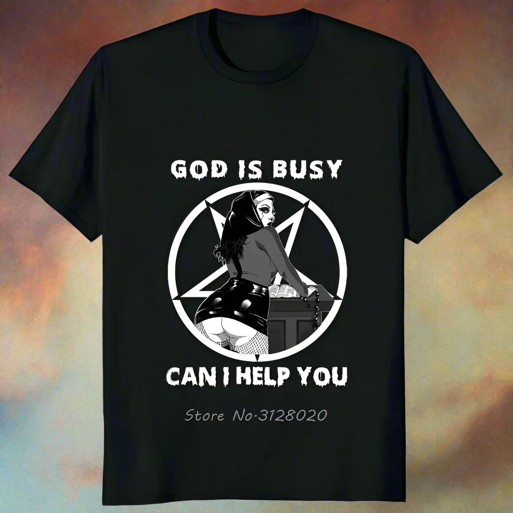 "God Is Busy, Can I Help You?" Unholy Nun Graphic T-Shirt – Edgy Satanic Humor Tee for Rebels, Heretics & Hipster Heathens | Lizard Vigilante Exclusive