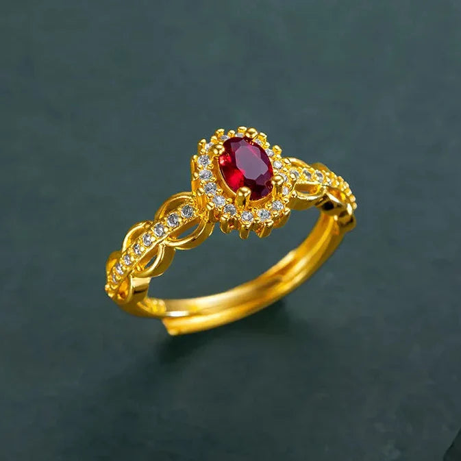 Crimson Vow Ruby Ring — Real 14K Gold Color Open Band with Sparkling Zircon Accents for Brides & Birthdays