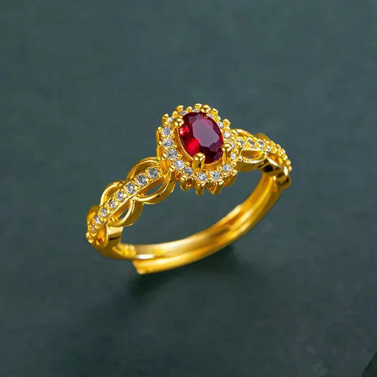 Crimson Vow Ruby Ring — Real 14K Gold Color Open Band with Sparkling Zircon Accents for Brides & Birthdays