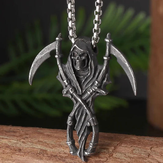 Grim Reaper Scythe Necklace — Hellfire Gothic Pendant for Men & Women, Punk Rock Demon Amulet for Biker & Halloween Vibes