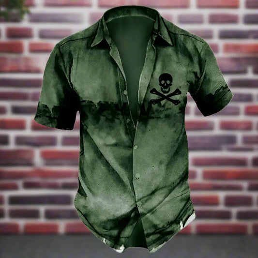 2025 Skull Print Hawaiian Streetwear Shirt Men’s Vintage Lapel Short Sleeve Summer Party Top