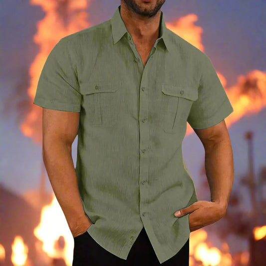 Rogue Wave Cotton Linen Short Sleeve Men’s Shirt – Summer Solid Color Casual Beach Style (M–5XL)