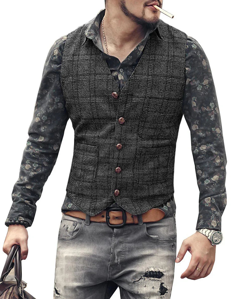 Men’s Vintage Tweed Plaid Vest – Classic Slim Fit Waistcoat for Weddings & Business