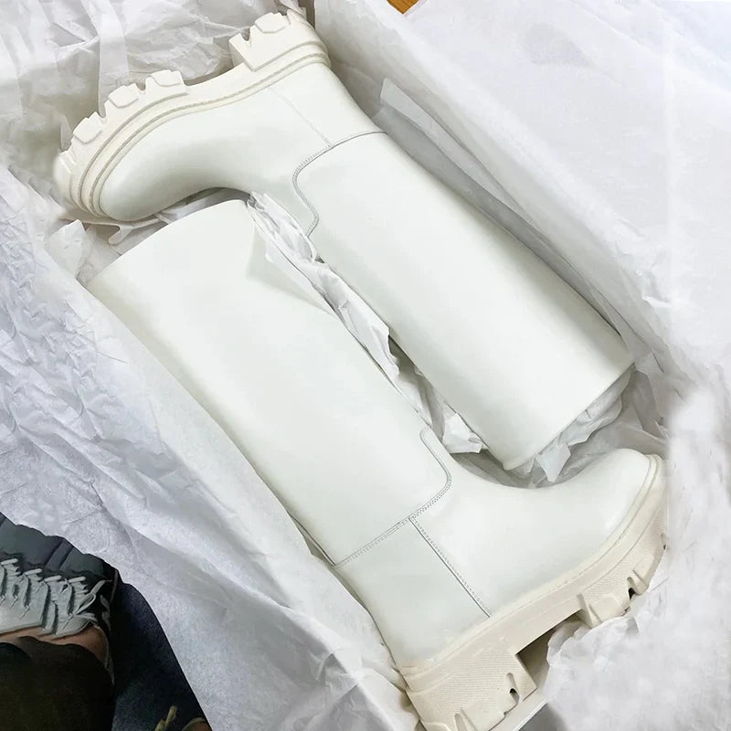 Women’s Cowhide Platform Riding Boots – Punk Leather Knee-Highs with Square Heels for Heavy Winter Impact